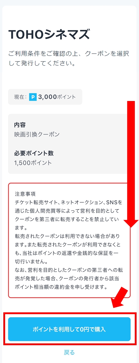 U-NEXTポイントの利用方法「ポイントを利用して●円で購入」を選ぶ画面