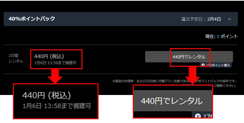 U-NEXTポイント利用前に視聴期限を確認する際の表示例